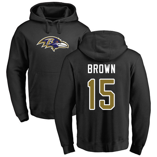 Men Baltimore Ravens Black Marquise Brown Name and Number Logo NFL Football #15 Pullover Hoodie Sweatshirt